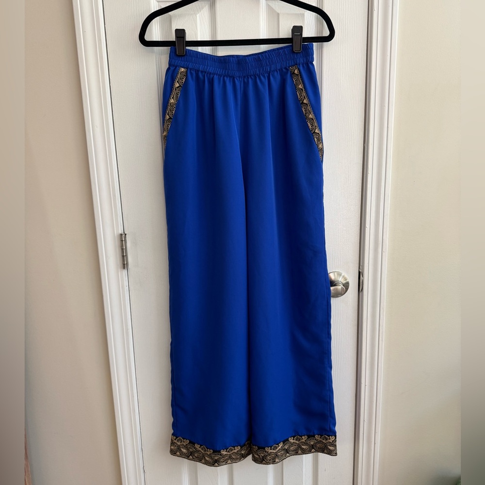 YOUNG THREADS Wide Leg Embroidered Royal Blue Gold Trim Pants Size S/M NWT